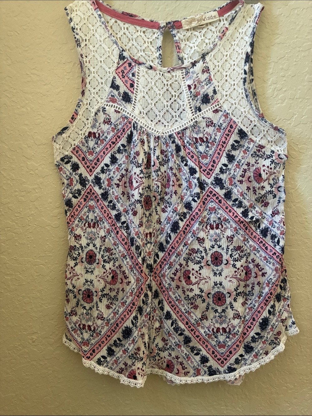 Rewind White Floral Crochet Yoke Tank with Pink & Navy Accents